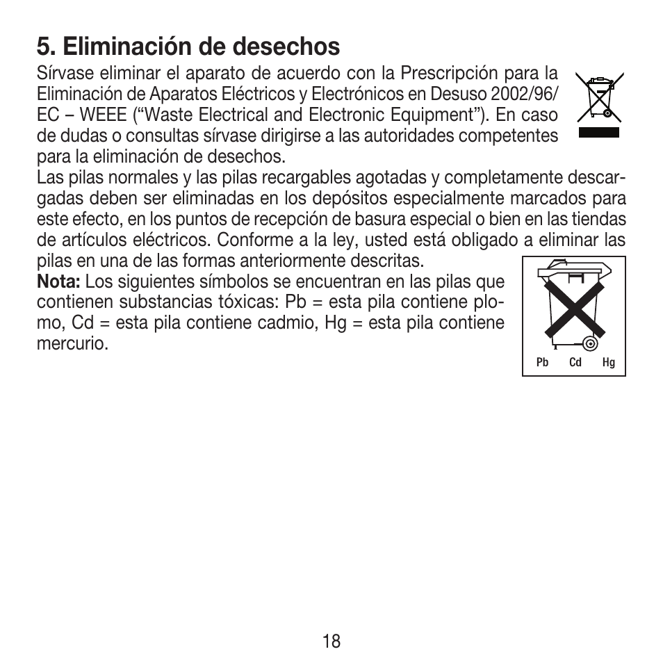 Eliminación de desechos | Beurer FM 16 User Manual | Page 18 / 36