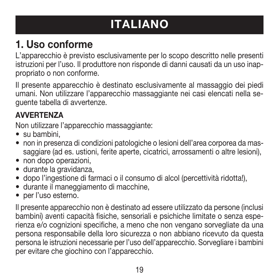 Italiano, Uso conforme | Beurer FM 16 User Manual | Page 19 / 36