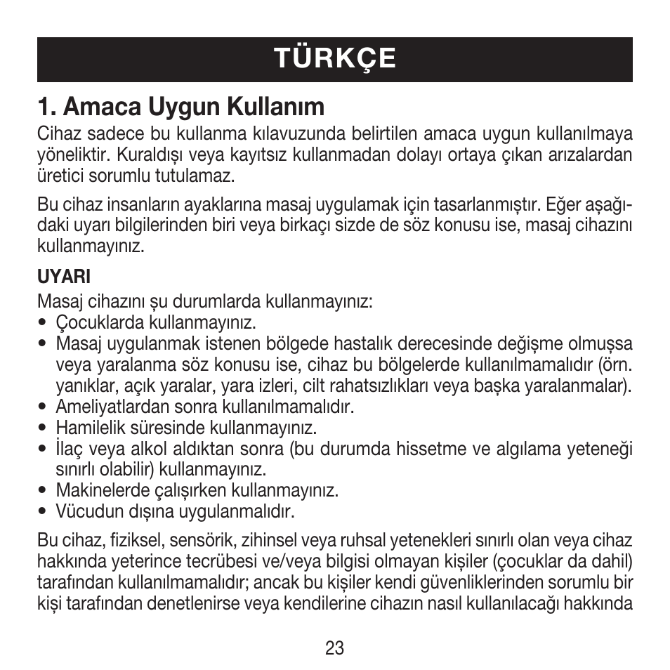 Türkçe, Amaca uygun kullanım | Beurer FM 16 User Manual | Page 23 / 36