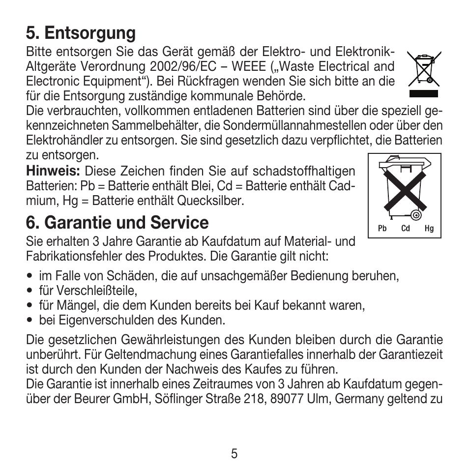 Entsorgung, Garantie und service | Beurer FM 16 User Manual | Page 5 / 36