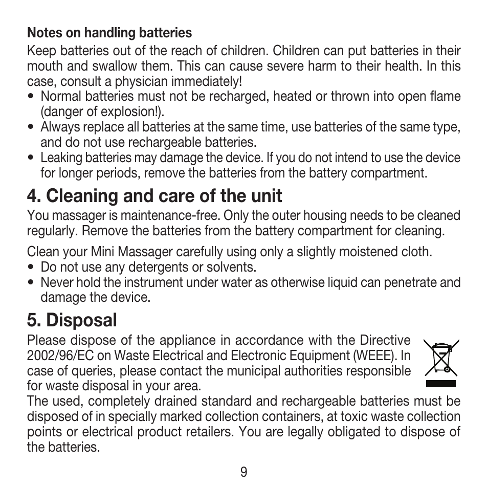 Cleaning and care of the unit, Disposal | Beurer FM 16 User Manual | Page 9 / 36