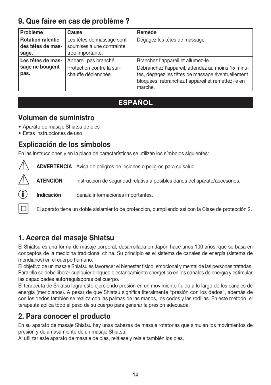 Que faire en cas de problème, Volumen de suministro, Explicación de los símbolos | Acerca del masaje shiatsu, Para conocer el producto | Beurer FM 38 User Manual | Page 14 / 36