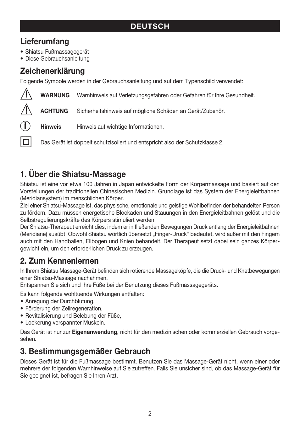 Lieferumfang, Zeichenerklärung, Über die shiatsu-massage | Zum kennenlernen, Bestimmungsgemäßer gebrauch | Beurer FM 38 User Manual | Page 2 / 36