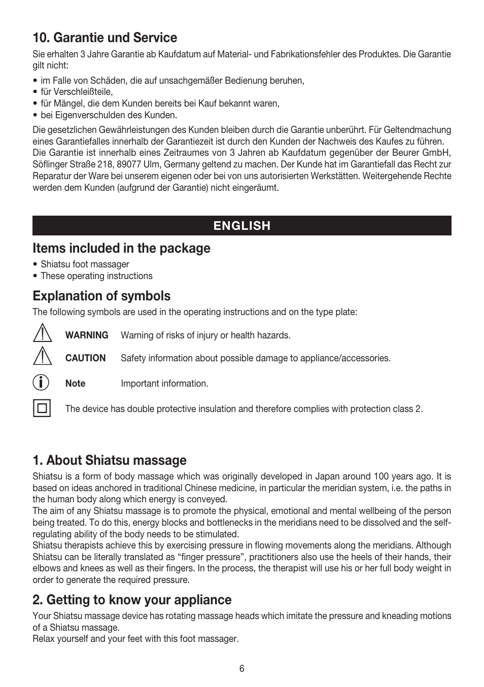 Garantie und service, Items included in the package, Explanation of symbols | About shiatsu massage, Getting to know your appliance | Beurer FM 38 User Manual | Page 6 / 36