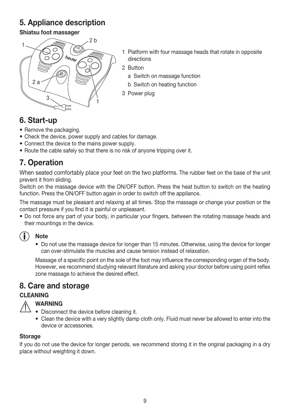 Appliance description, Start-up, Operation | Care and storage | Beurer FM 38 User Manual | Page 9 / 36