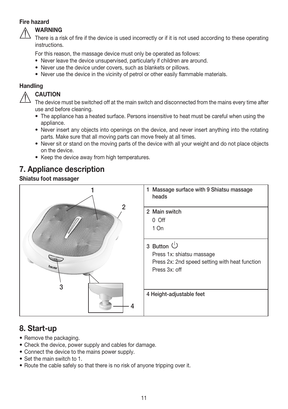 Appliance description, Start-up | Beurer FM 60 User Manual | Page 11 / 44