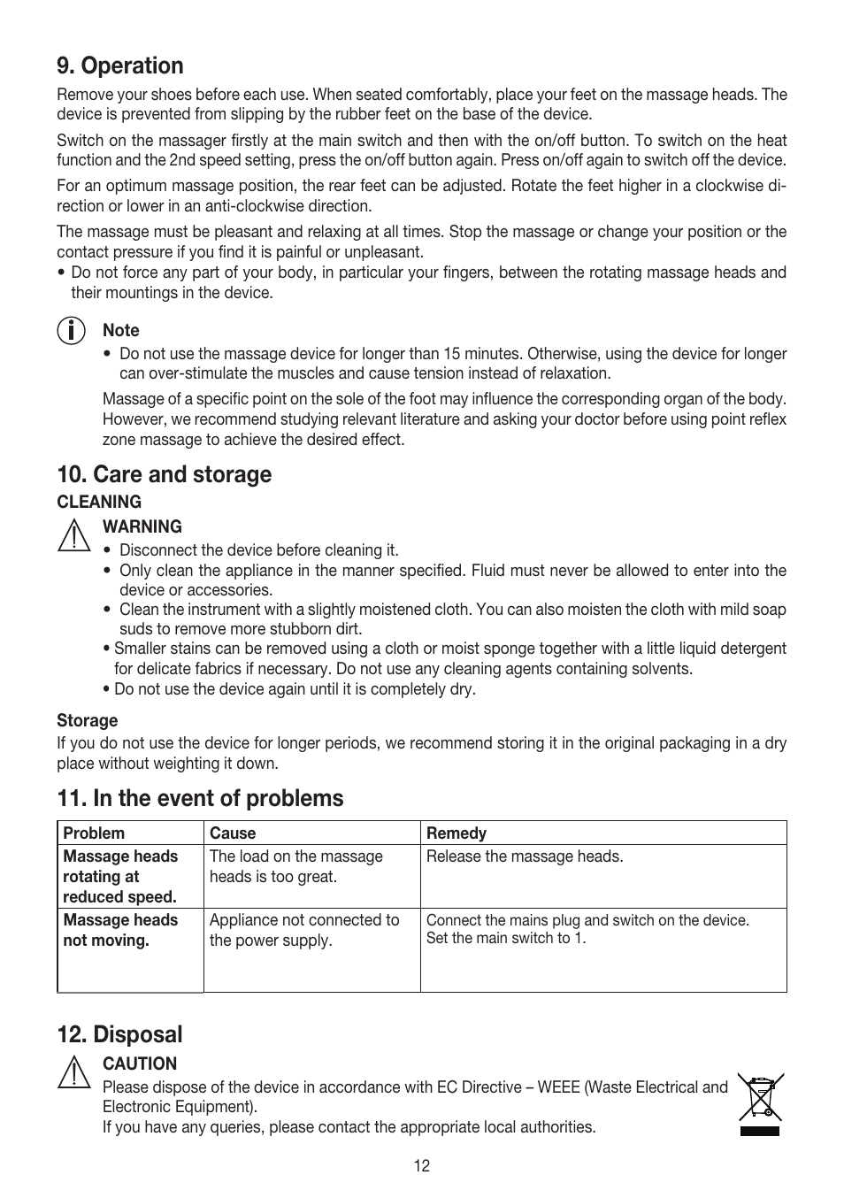 Operation, Care and storage, Disposal | Beurer FM 60 User Manual | Page 12 / 44