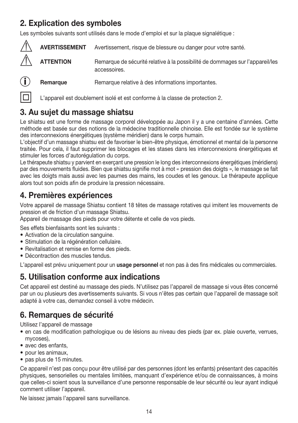 Explication des symboles, Au sujet du massage shiatsu, Premières expériences | Utilisation conforme aux indications, Remarques de sécurité | Beurer FM 60 User Manual | Page 14 / 44