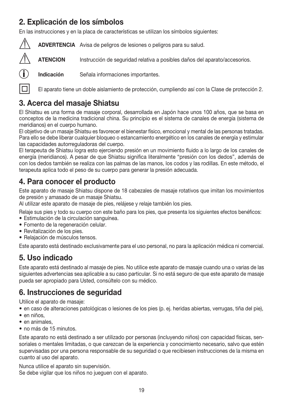 Explicación de los símbolos, Acerca del masaje shiatsu, Para conocer el producto | Uso indicado, Instrucciones de seguridad | Beurer FM 60 User Manual | Page 19 / 44