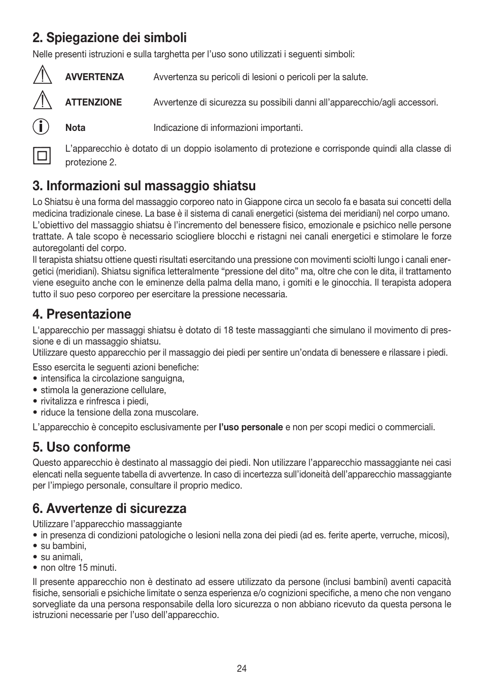 Spiegazione dei simboli, Informazioni sul massaggio shiatsu, Presentazione | Uso conforme, Avvertenze di sicurezza | Beurer FM 60 User Manual | Page 24 / 44