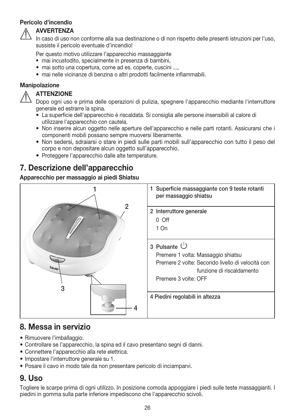 Descrizione dell’apparecchio, Messa in servizio | Beurer FM 60 User Manual | Page 26 / 44