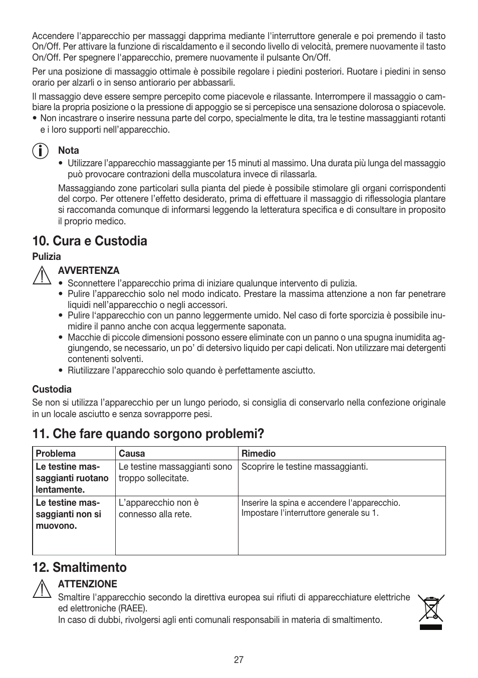 Cura e custodia, Che fare quando sorgono problemi, Smaltimento | Beurer FM 60 User Manual | Page 27 / 44