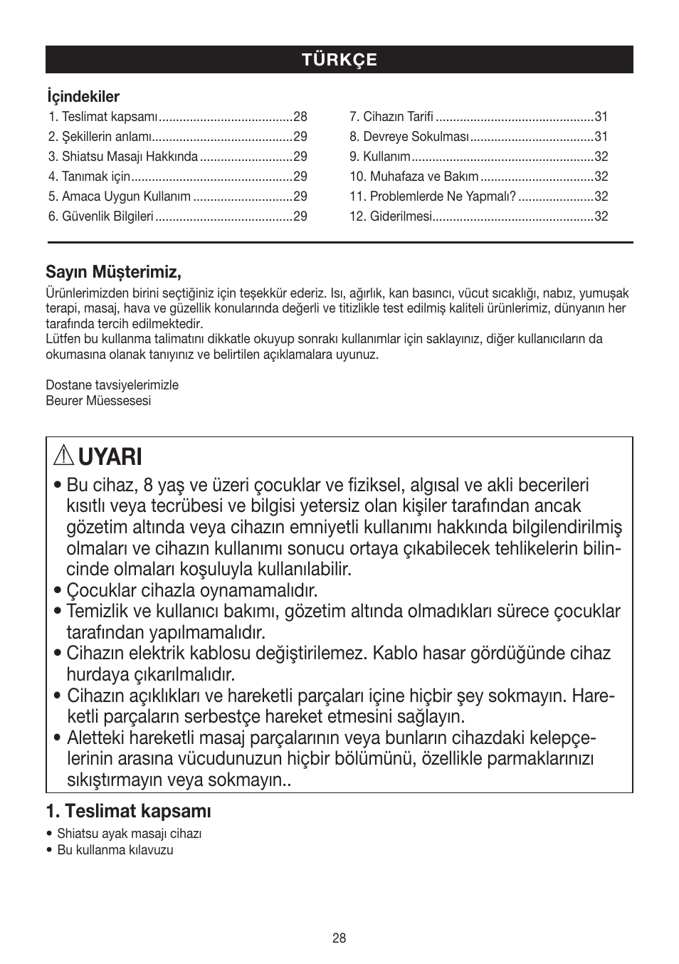 Uyari | Beurer FM 60 User Manual | Page 28 / 44