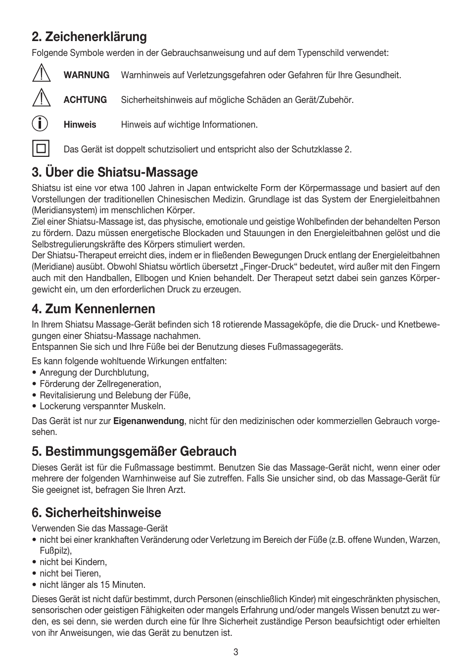 Zeichenerklärung, Über die shiatsu-massage, Zum kennenlernen | Bestimmungsgemäßer gebrauch, Sicherheitshinweise | Beurer FM 60 User Manual | Page 3 / 44