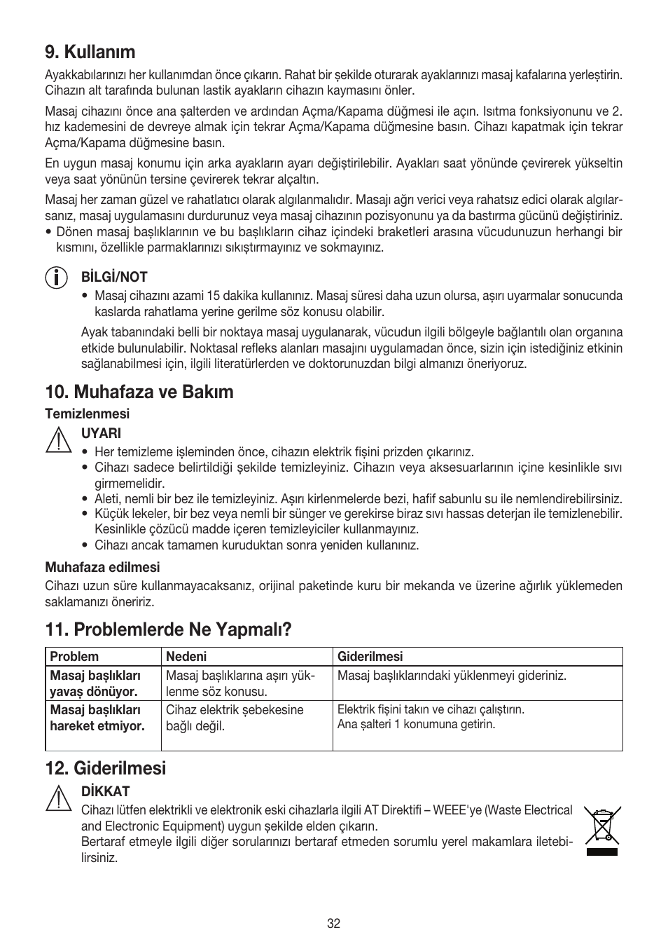 Kullanım, Muhafaza ve bakım, Problemlerde ne yapmalı | Giderilmesi | Beurer FM 60 User Manual | Page 32 / 44