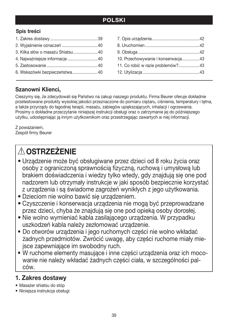 Ostrzeżenie | Beurer FM 60 User Manual | Page 39 / 44