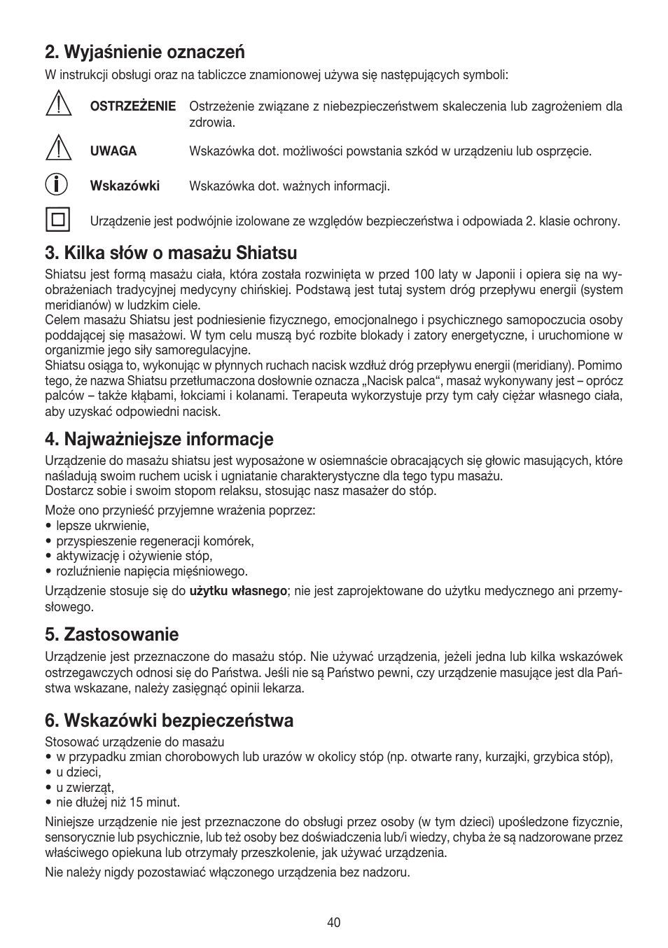 Wyjaśnienie oznaczeń, Kilka słów o masażu shiatsu, Najważniejsze informacje | Zastosowanie, Wskazówki bezpieczeństwa | Beurer FM 60 User Manual | Page 40 / 44