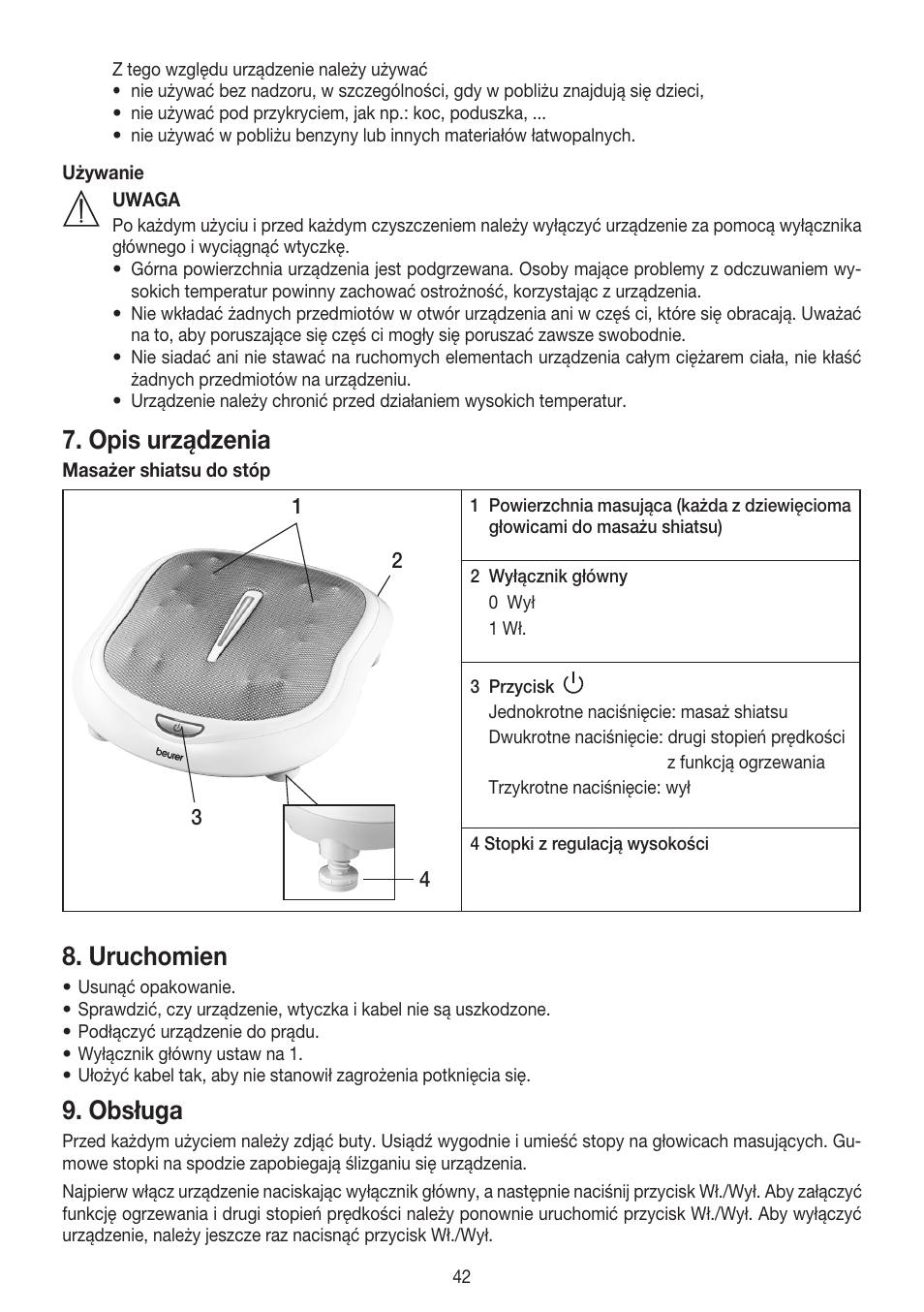 Opis urządzenia, Uruchomien, Obsługa | Beurer FM 60 User Manual | Page 42 / 44