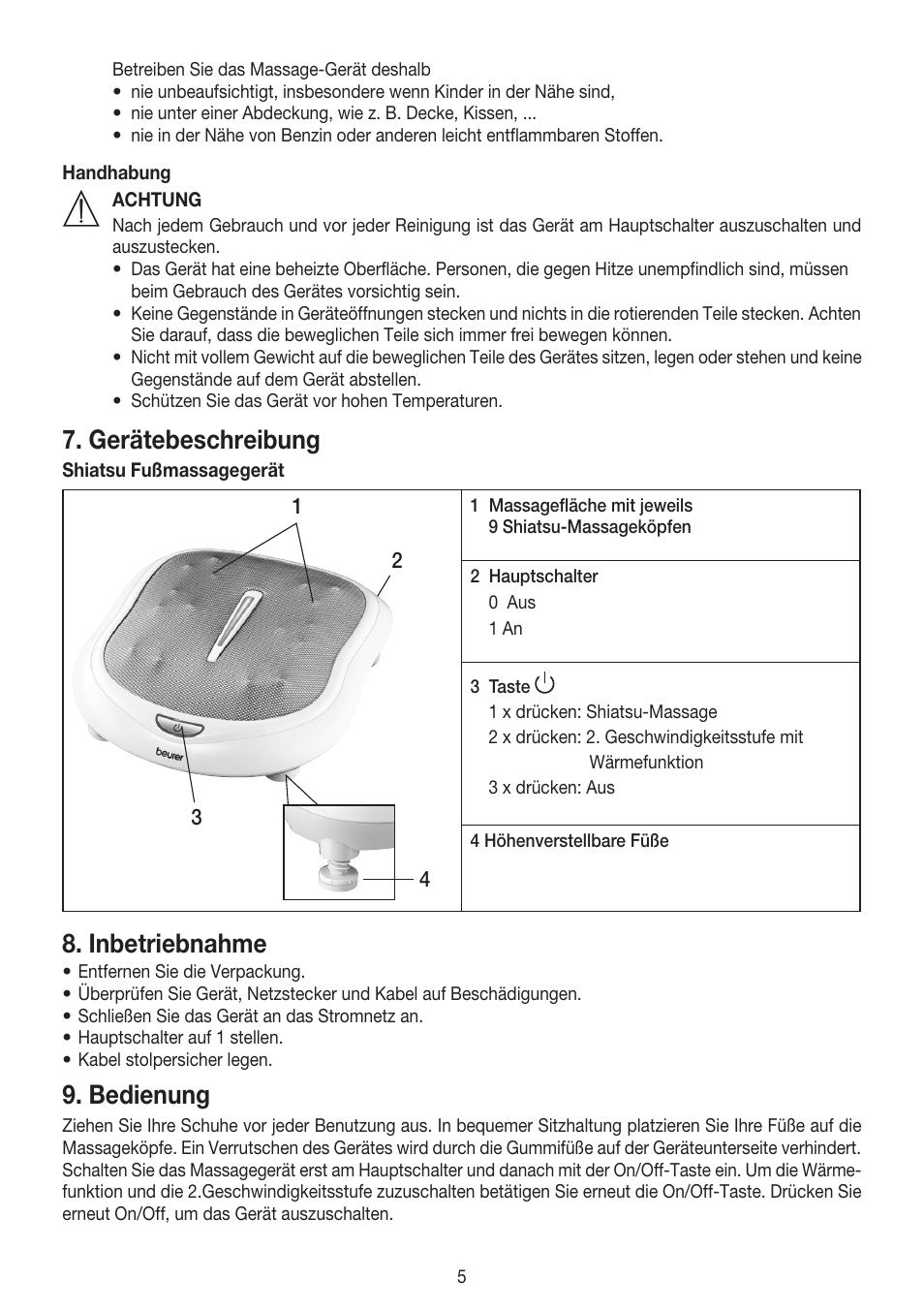 Gerätebeschreibung, Inbetriebnahme, Bedienung | Beurer FM 60 User Manual | Page 5 / 44