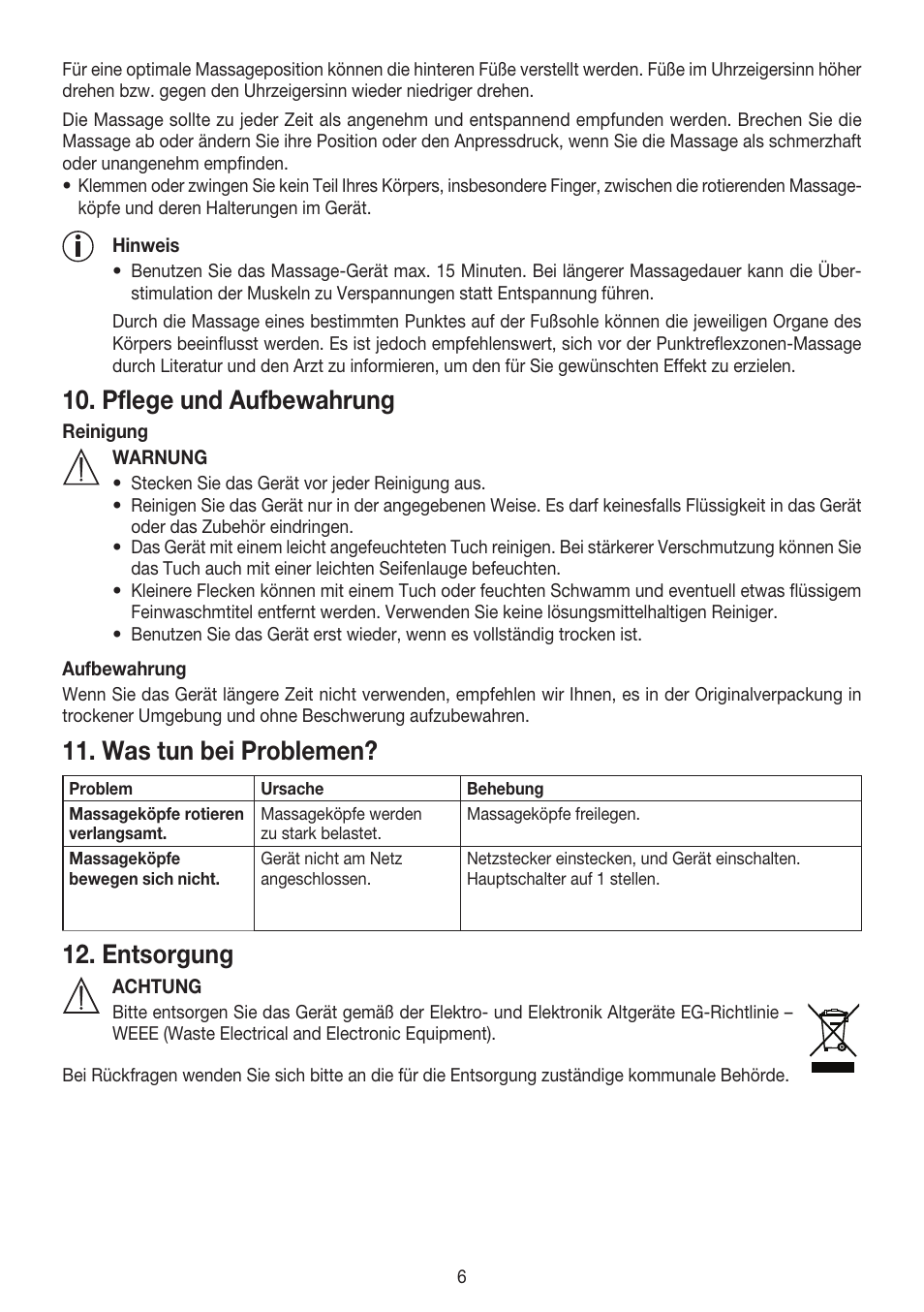 Pflege und aufbewahrung, Was tun bei problemen, Entsorgung | Beurer FM 60 User Manual | Page 6 / 44