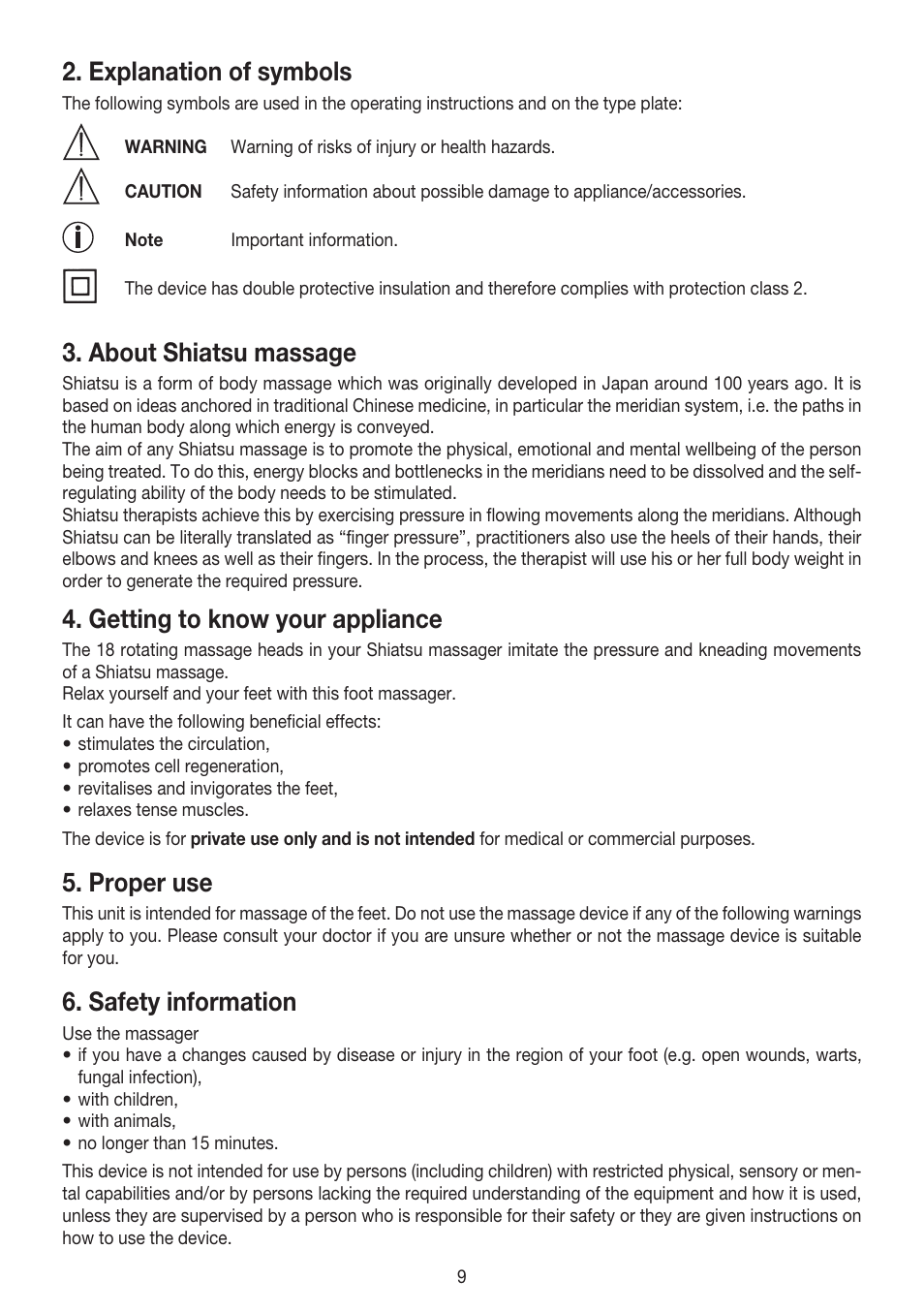 Explanation of symbols, About shiatsu massage, Getting to know your appliance | Proper use, Safety information | Beurer FM 60 User Manual | Page 9 / 44