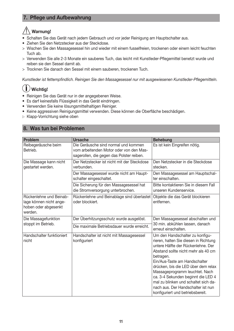 Pflege und aufbewahrung, Was tun bei problemen | Beurer MC 3800 User Manual | Page 11 / 92