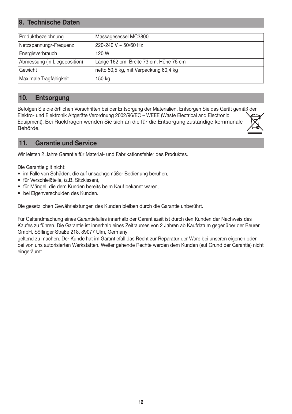 Technische daten, Entsorgung, Garantie und service | Beurer MC 3800 User Manual | Page 12 / 92