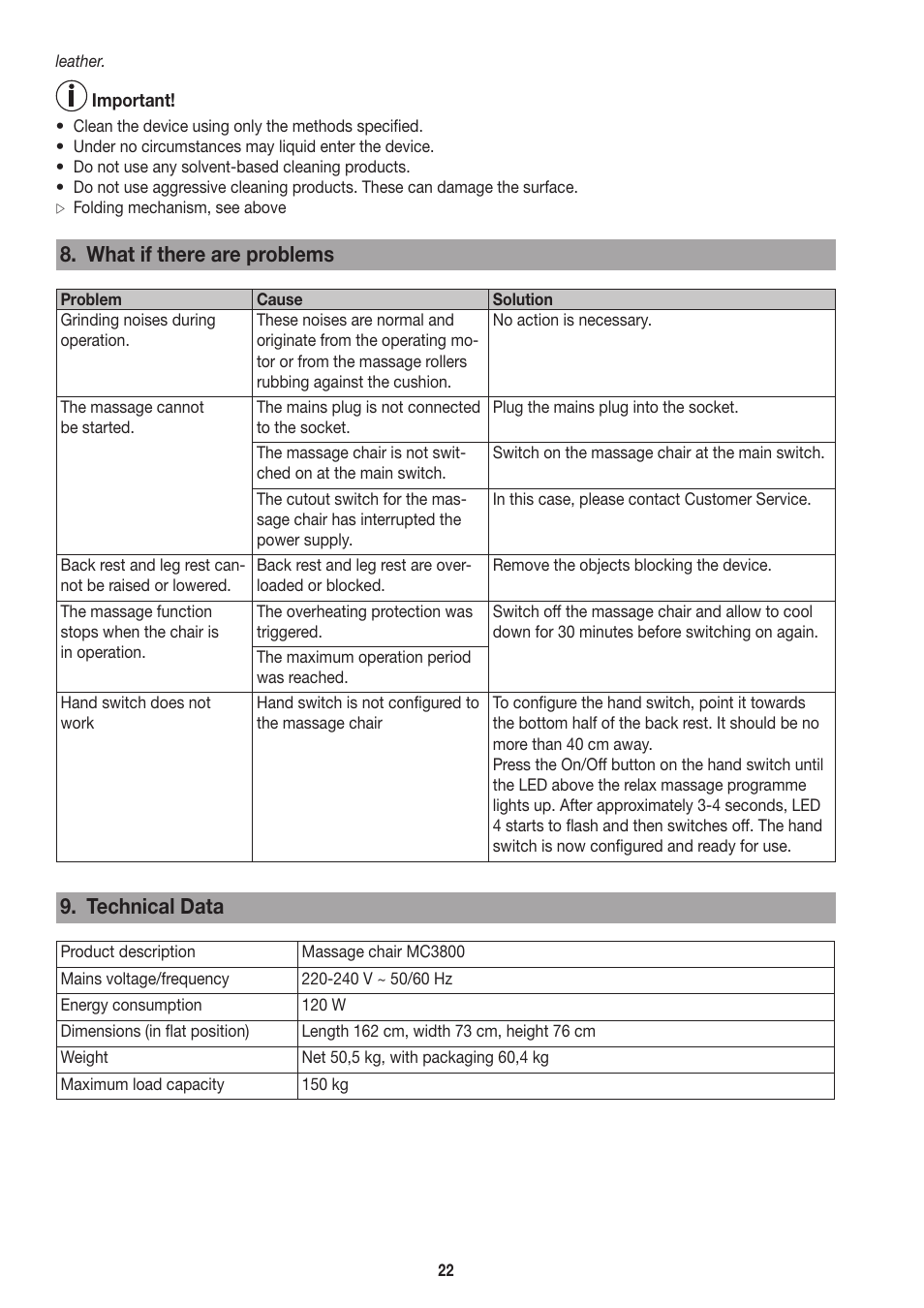 What if there are problems, Technical data | Beurer MC 3800 User Manual | Page 22 / 92