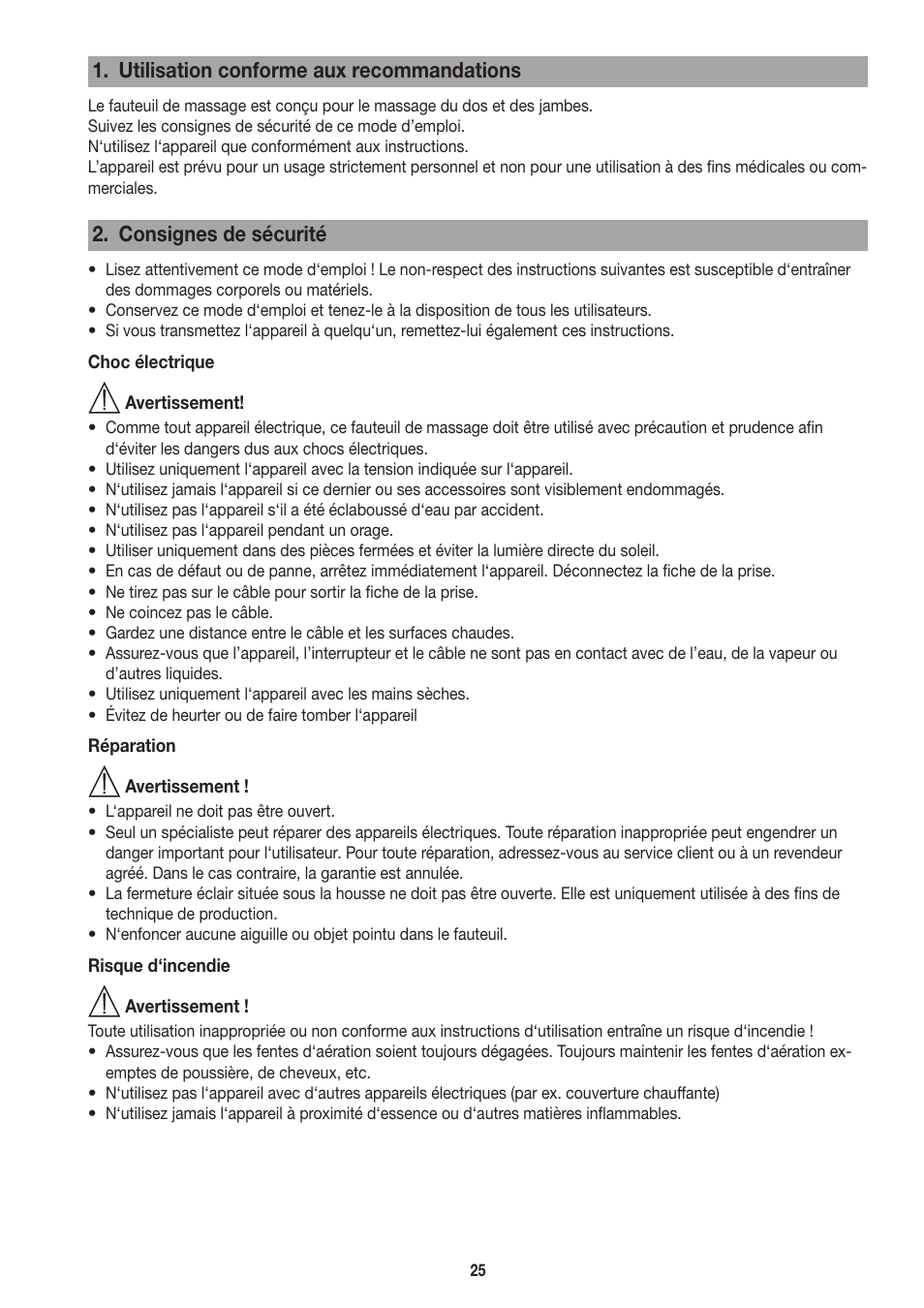 Utilisation conforme aux recommandations, Consignes de sécurité | Beurer MC 3800 User Manual | Page 25 / 92