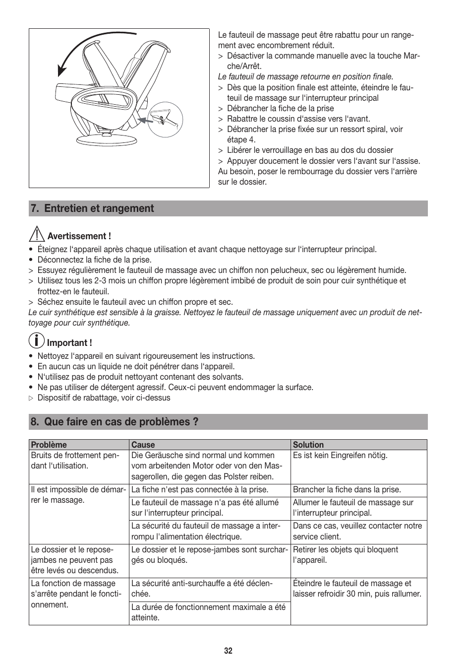 Entretien et rangement, Que faire en cas de problèmes | Beurer MC 3800 User Manual | Page 32 / 92