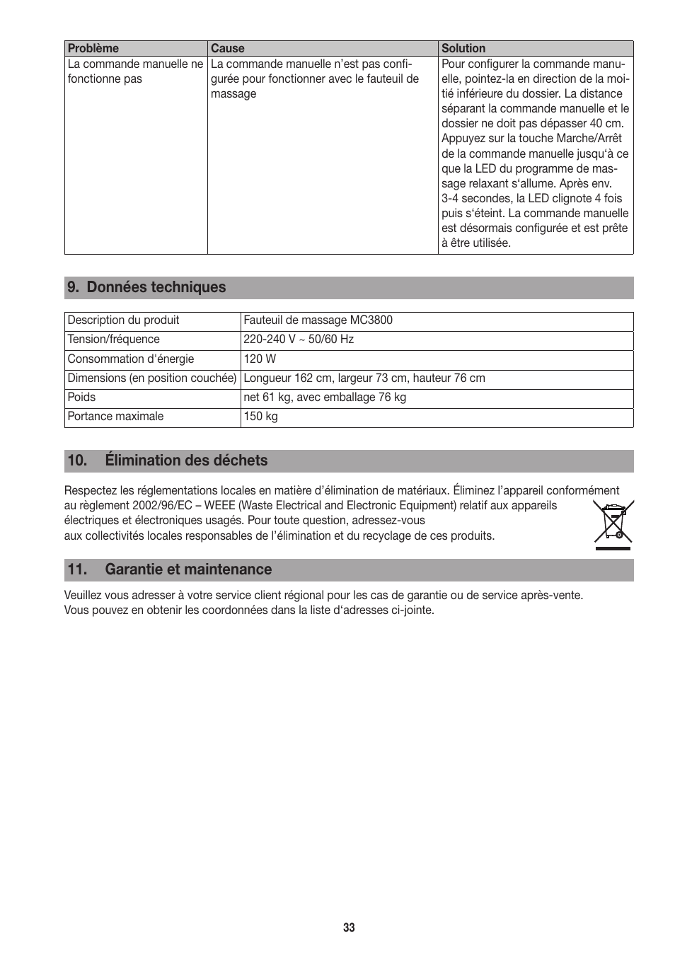 Données techniques, Élimination des déchets, Garantie et maintenance | Beurer MC 3800 User Manual | Page 33 / 92