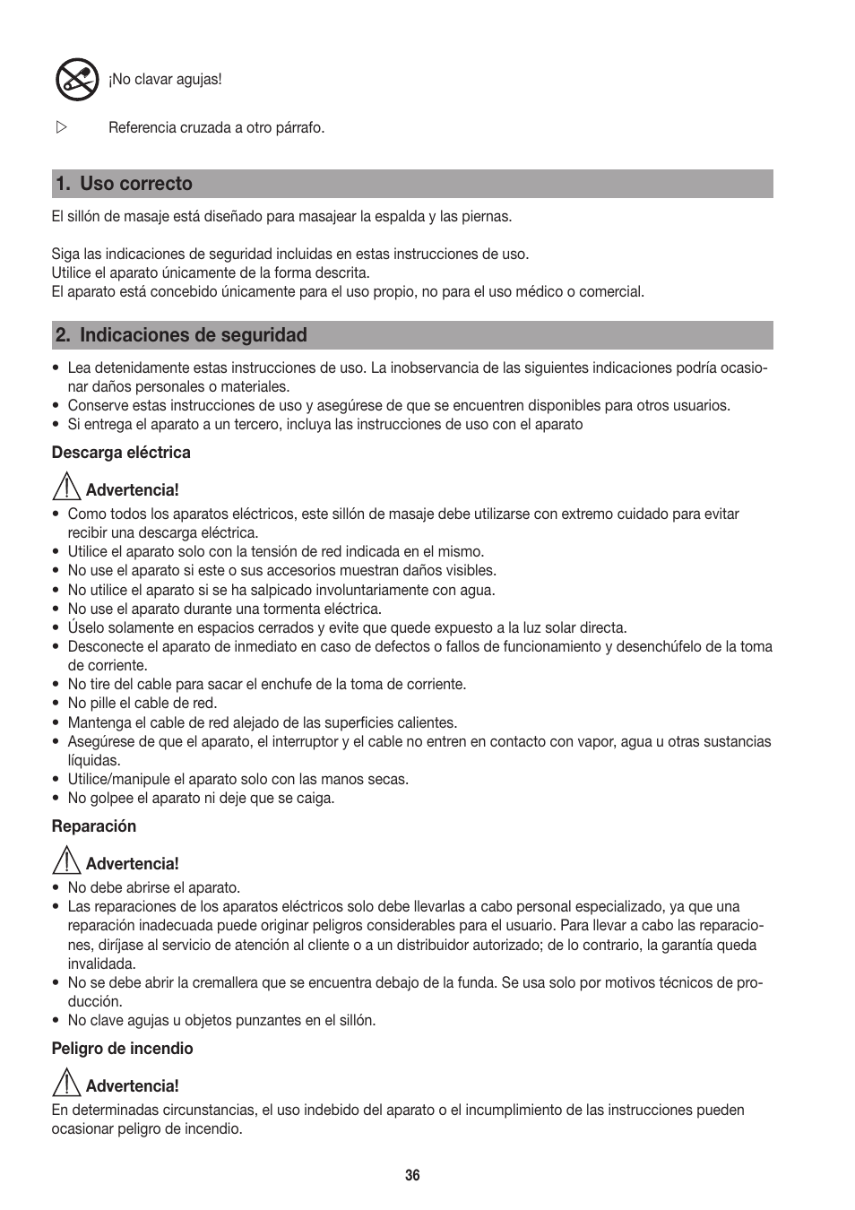Uso correcto, Indicaciones de seguridad | Beurer MC 3800 User Manual | Page 36 / 92