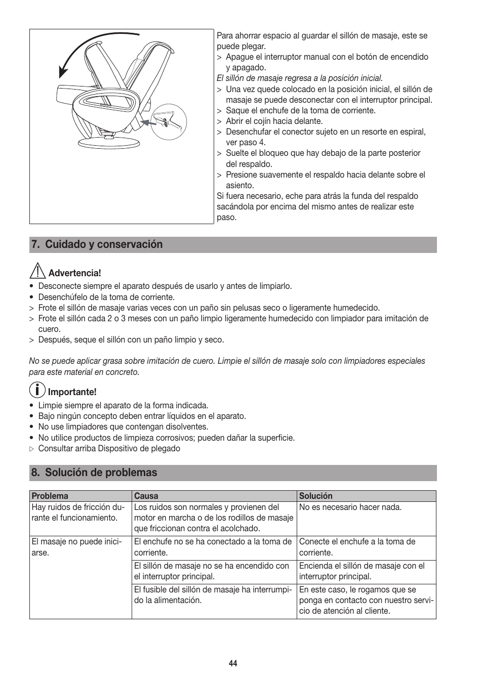 Cuidado y conservación, Solución de problemas | Beurer MC 3800 User Manual | Page 44 / 92