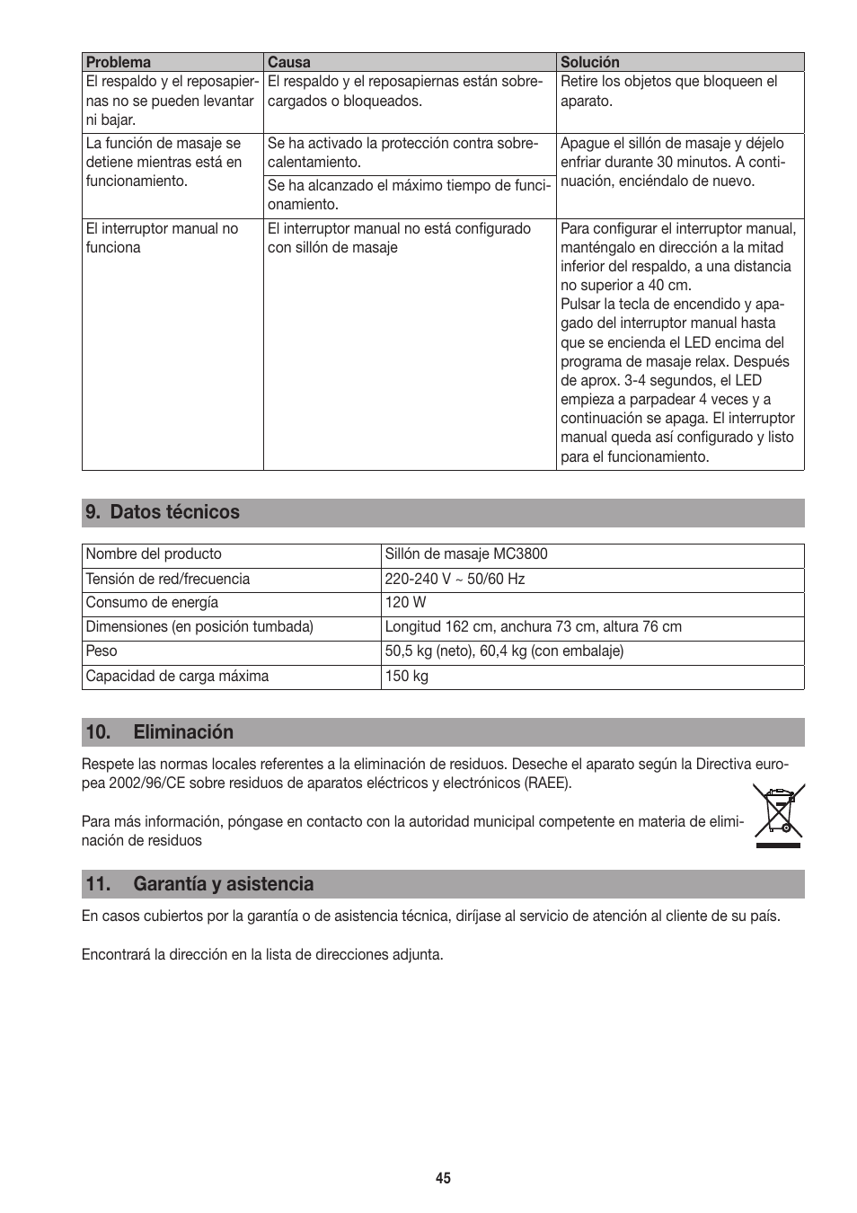 Datos técnicos, Eliminación, Garantía y asistencia | Beurer MC 3800 User Manual | Page 45 / 92