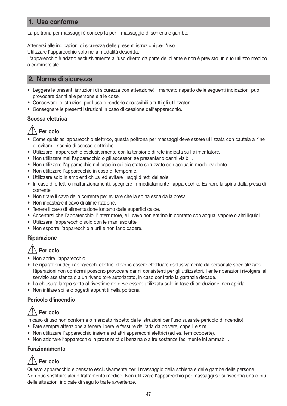 Uso conforme, Norme di sicurezza | Beurer MC 3800 User Manual | Page 47 / 92