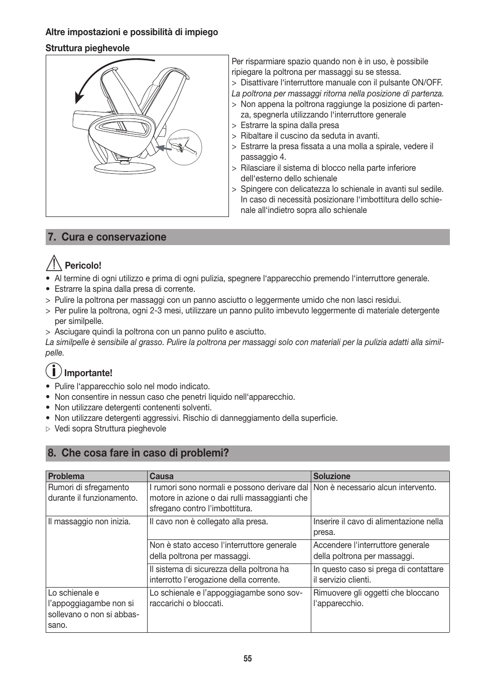 Cura e conservazione, Che cosa fare in caso di problemi | Beurer MC 3800 User Manual | Page 55 / 92