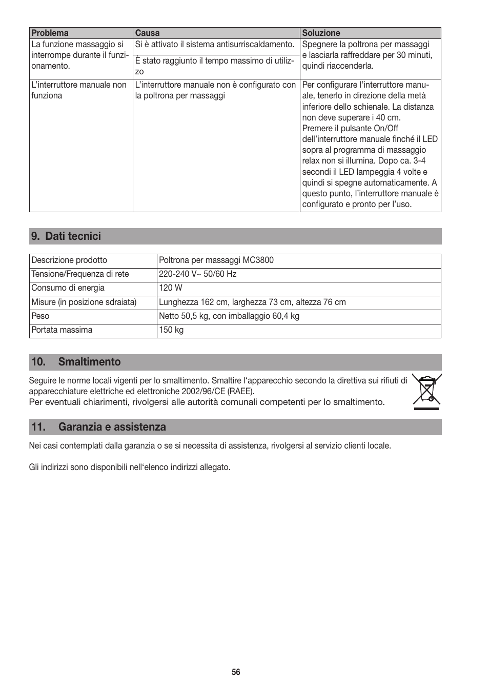 Dati tecnici, Smaltimento, Garanzia e assistenza | Beurer MC 3800 User Manual | Page 56 / 92