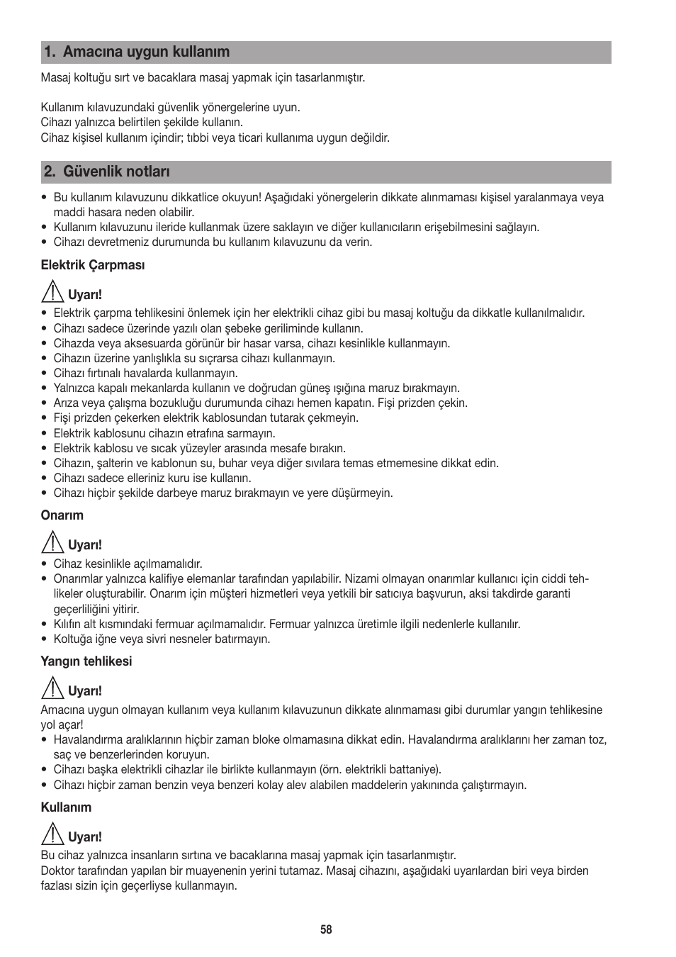 Amacına uygun kullanım, Güvenlik notları | Beurer MC 3800 User Manual | Page 58 / 92