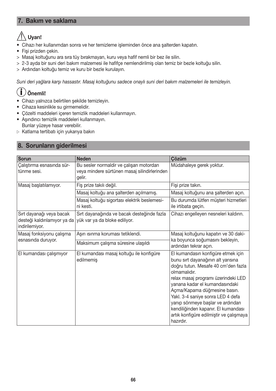 Bakım ve saklama, Sorunların giderilmesi | Beurer MC 3800 User Manual | Page 66 / 92