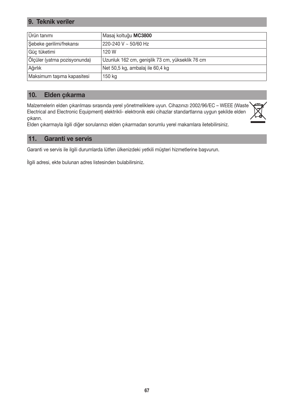 Teknik veriler, Elden çıkarma, Garanti ve servis | Beurer MC 3800 User Manual | Page 67 / 92