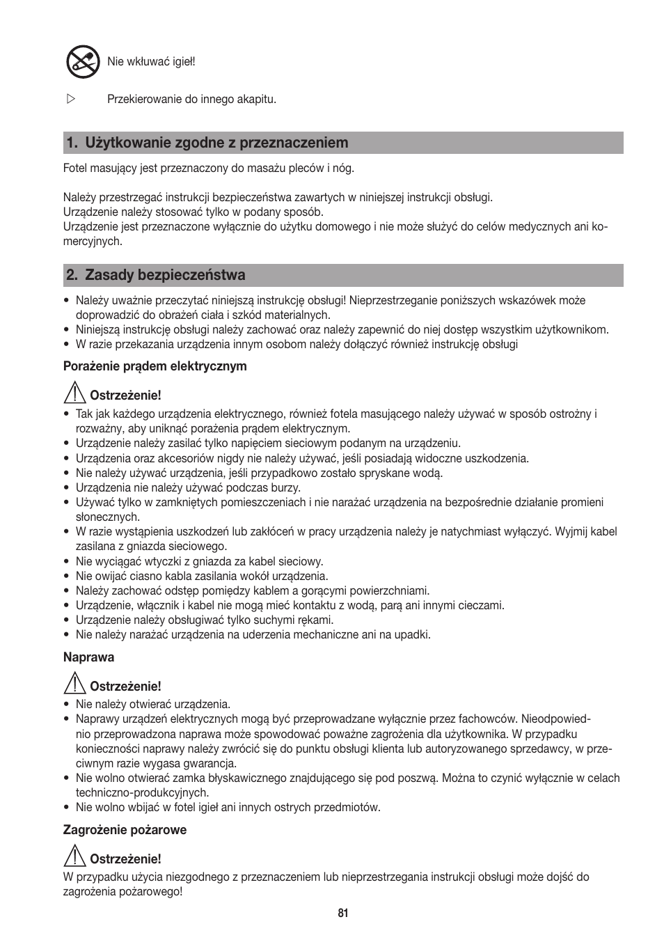 Użytkowanie zgodne z przeznaczeniem, Zasady bezpieczeństwa | Beurer MC 3800 User Manual | Page 81 / 92