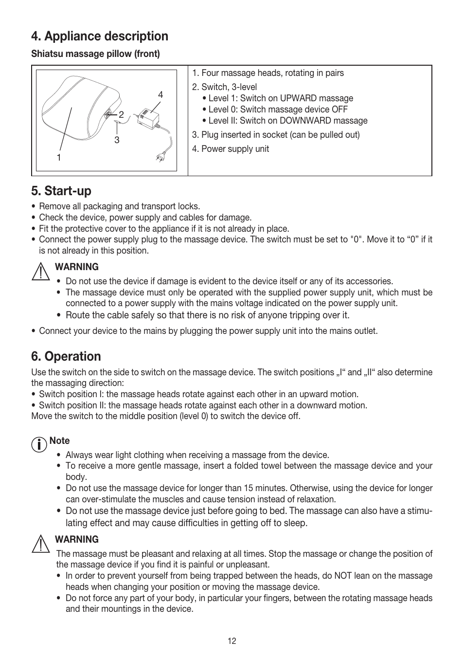 Appliance description, Start-up, Operation | Beurer MG 140 User Manual | Page 12 / 56