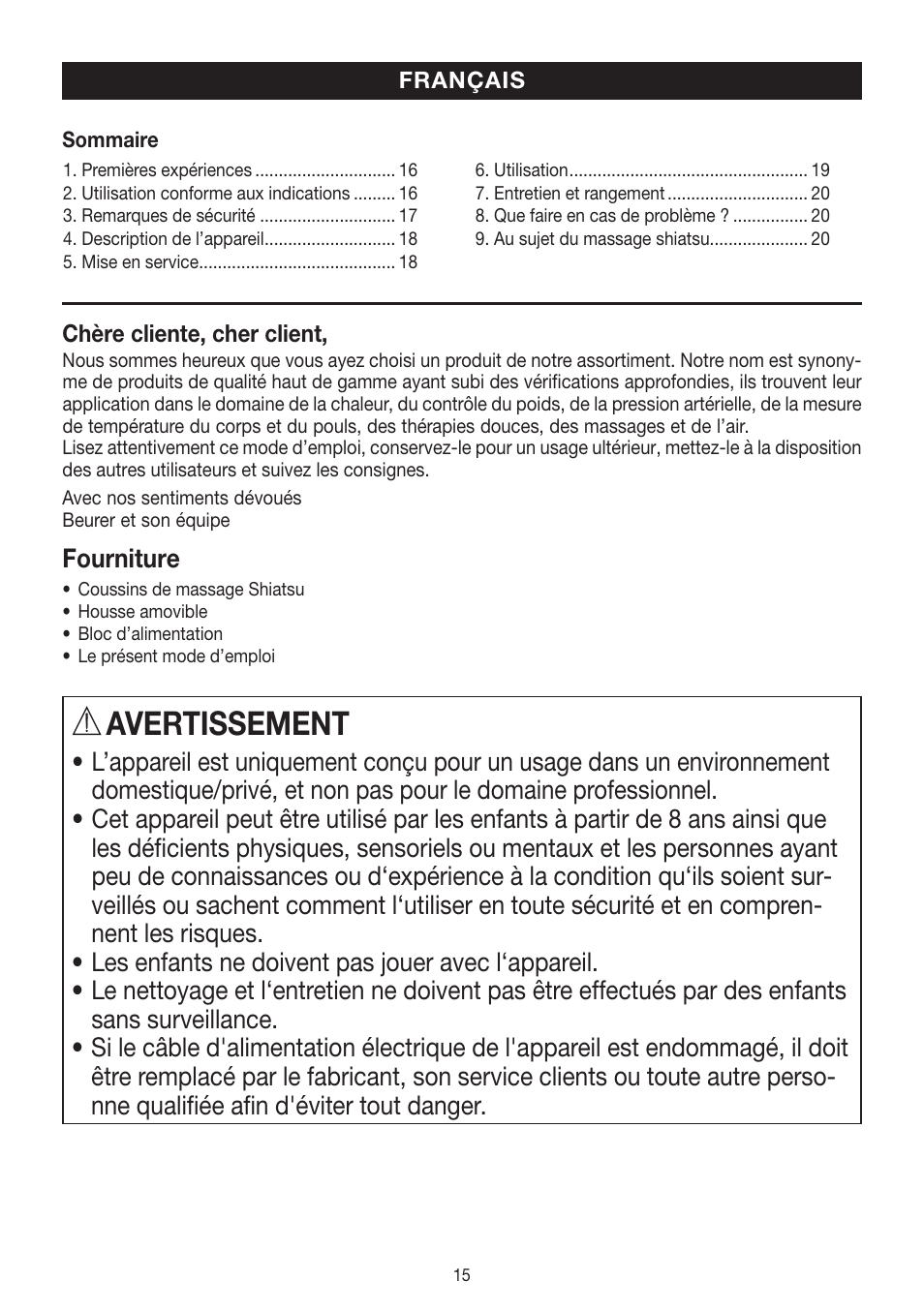 Avertissement | Beurer MG 140 User Manual | Page 15 / 56