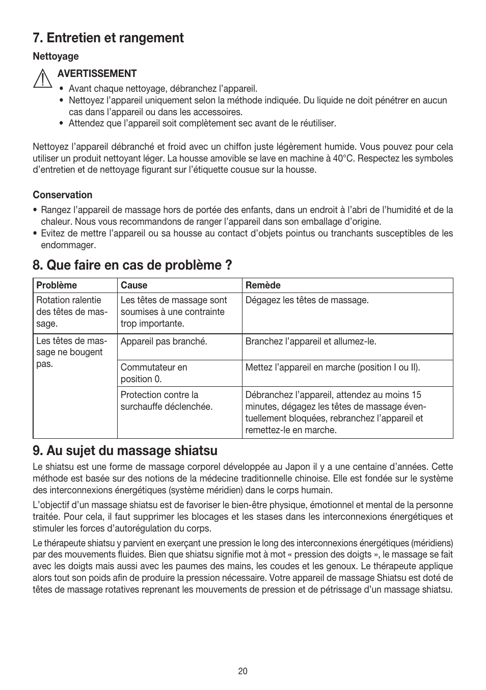 Entretien et rangement, Que faire en cas de problème, Au sujet du massage shiatsu | Beurer MG 140 User Manual | Page 20 / 56