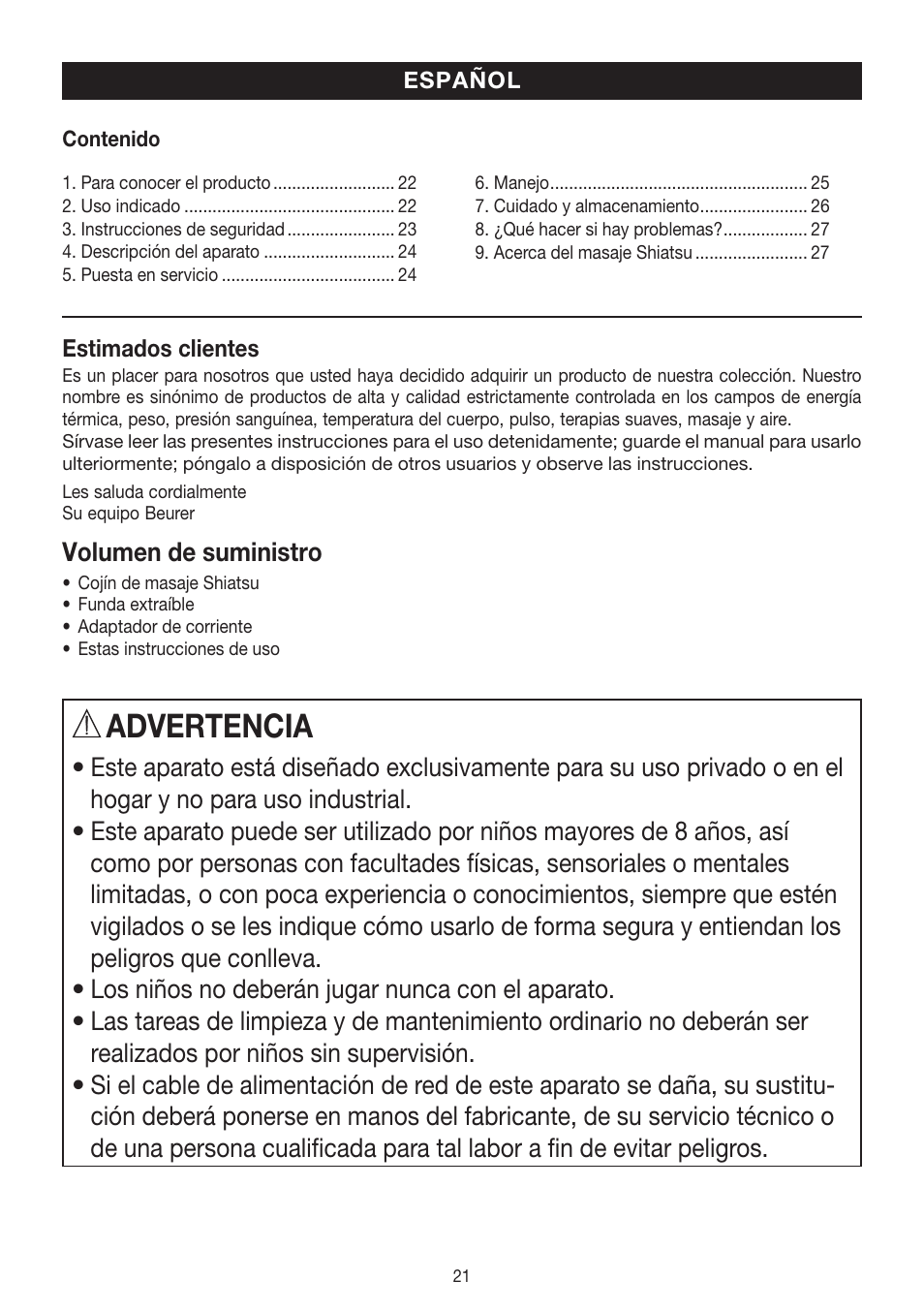 Advertencia | Beurer MG 140 User Manual | Page 21 / 56