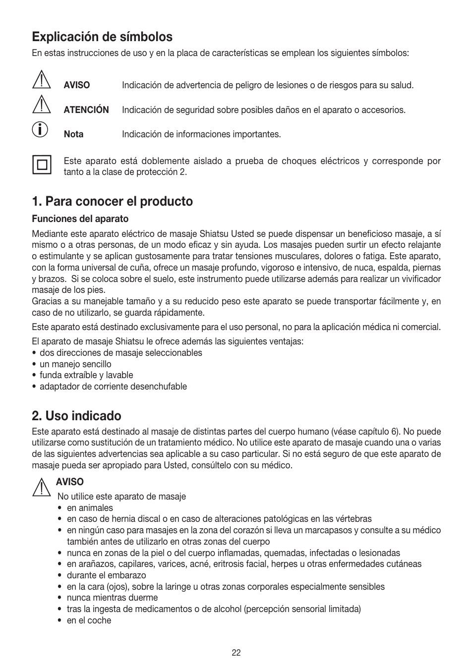 Explicación de símbolos, Para conocer el producto, Uso indicado | Beurer MG 140 User Manual | Page 22 / 56