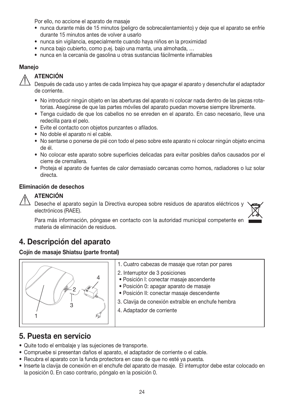 Descripción del aparato, Puesta en servicio | Beurer MG 140 User Manual | Page 24 / 56