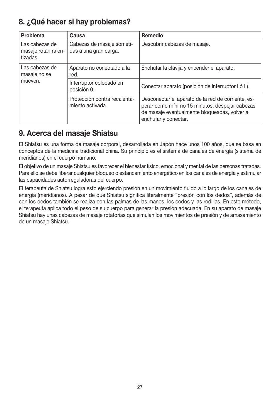 ¿qué hacer si hay problemas, Acerca del masaje shiatsu | Beurer MG 140 User Manual | Page 27 / 56