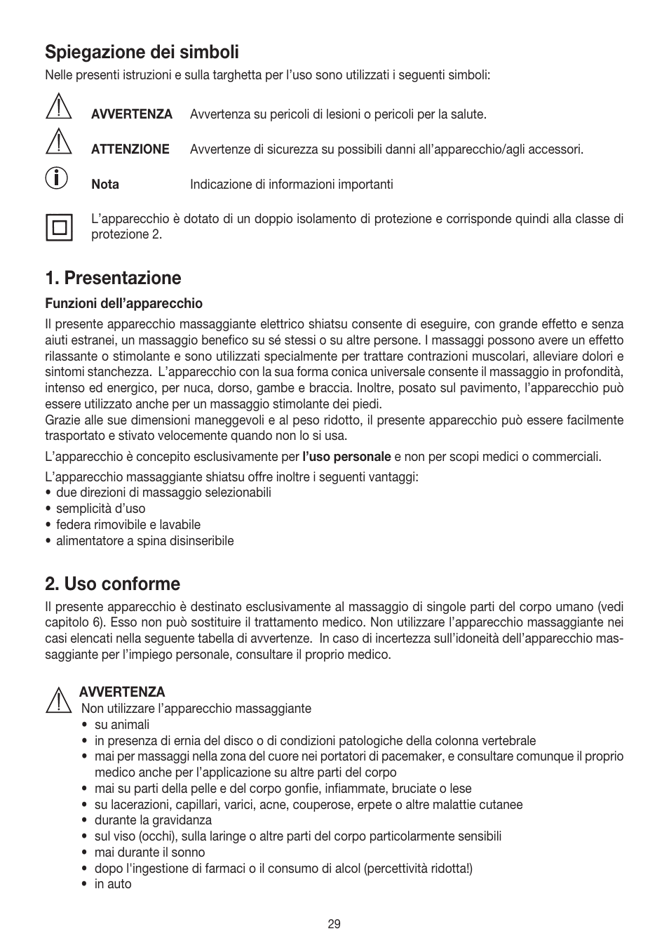 Spiegazione dei simboli, Presentazione, Uso conforme | Beurer MG 140 User Manual | Page 29 / 56