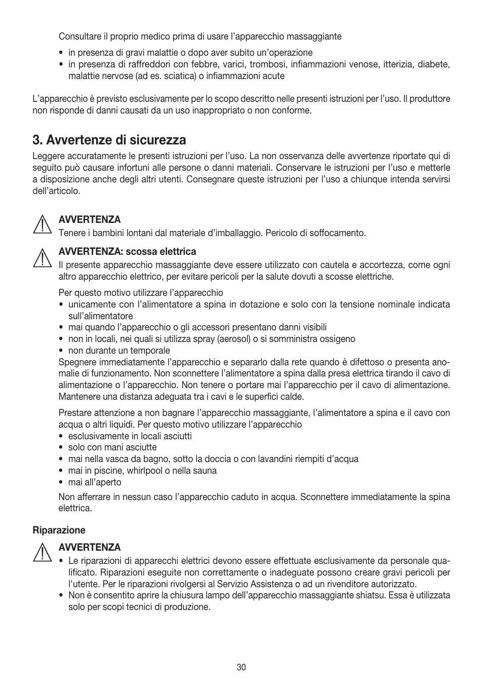 Avvertenze di sicurezza | Beurer MG 140 User Manual | Page 30 / 56